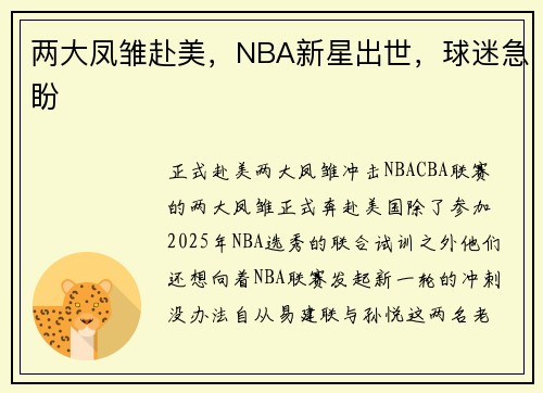 两大凤雏赴美，NBA新星出世，球迷急盼